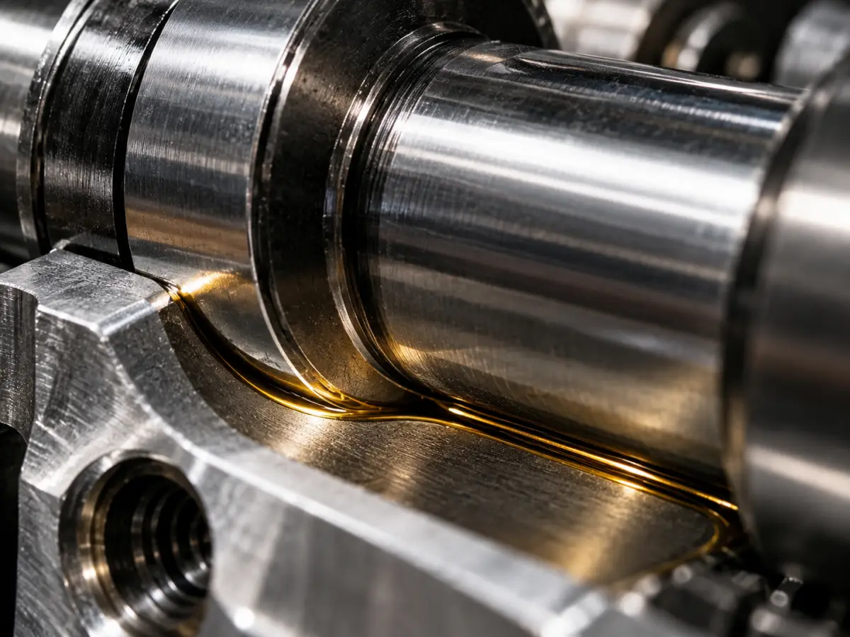 Engine oil film on a polished crankshaft journal seated in an aluminum bearing saddle.