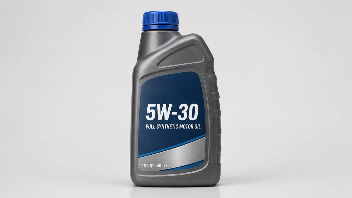 Quart bottle of 5W-30 full synthetic motor oil on a plain background.