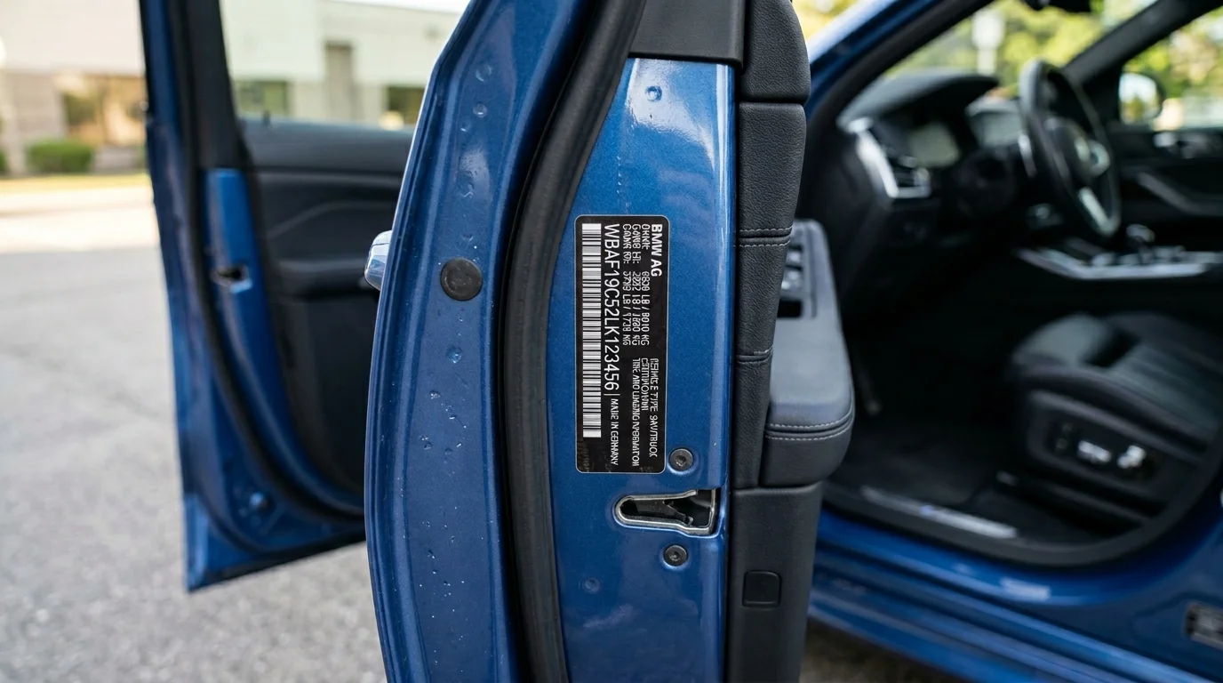 VIN sticker on BMW X6 door jamb showing barcode and vehicle identification number