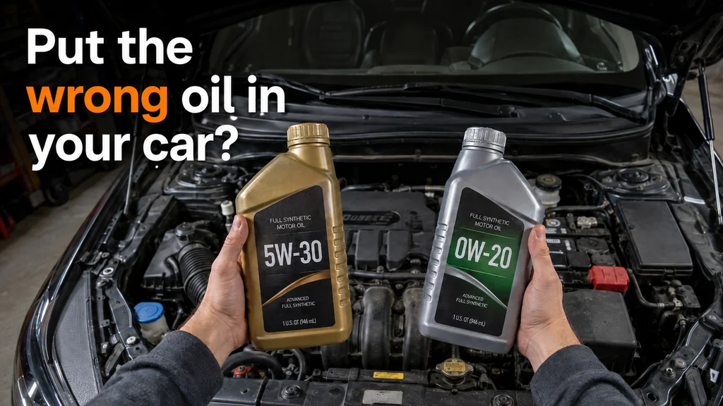 Hands holding two motor oil bottles, 5W-30 and 0W-20, over an open engine bay.